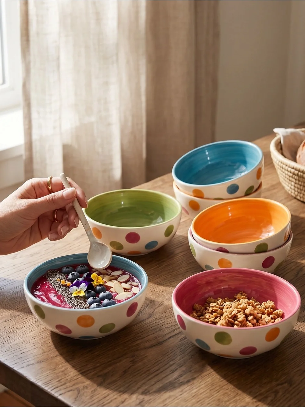 Glazed ceramic polka dot dessert / cereal bowls - set of 6